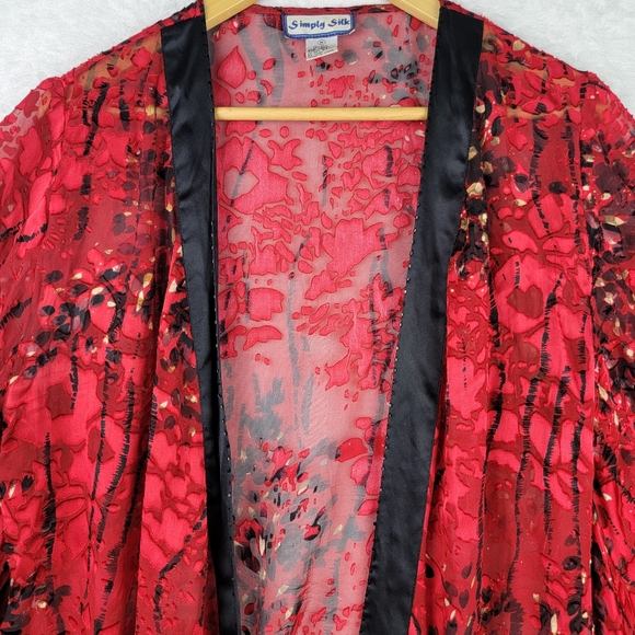 Simply Silk Cardigan Kimono 3/4 Sleeve Crop Open Front Red Black Floral Art - Picture 4 of 10